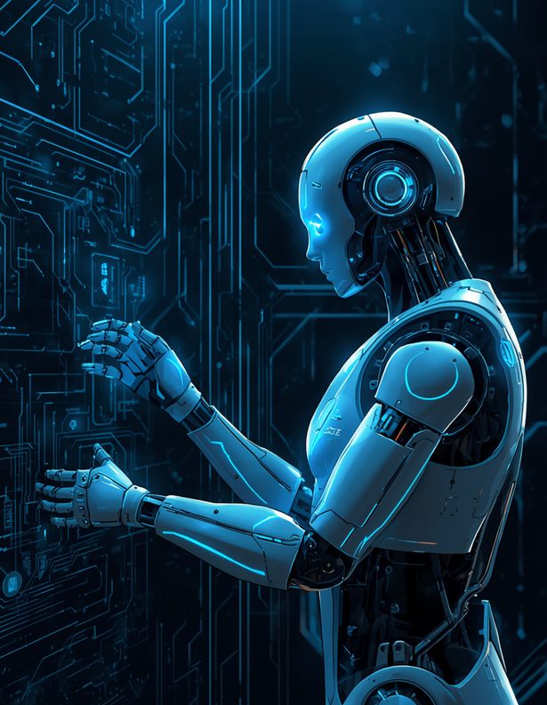 AI robot interacting with a digital interface